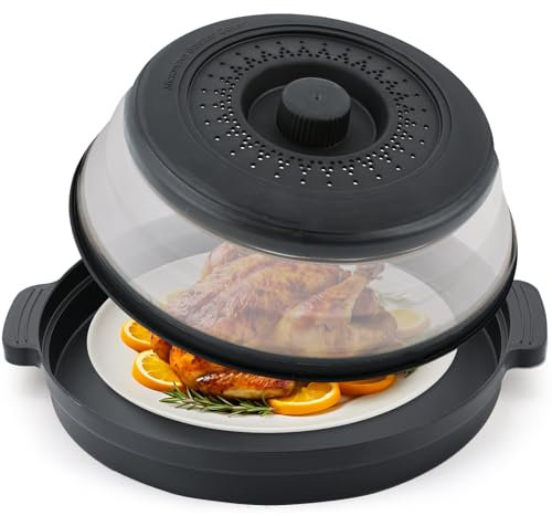 Microwave Splatter Cover for Food with Anti-scald Base Plate,Large Plastic & Silicone Vented Avoid Scalding Collapsible Guard Lid,Kitchen Essential Gadgets for Meal Prep-10.7 Inch (Black)