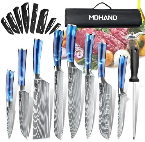 MDHAND Set Coltelli da Cucina, Set Coltelli da Cucina Professionali 8 pezzi con Borsa a Rotolo, Set di Coltelli da Cucina Professionali in Acciaio Inox ad Alto Tenore di Carbonio