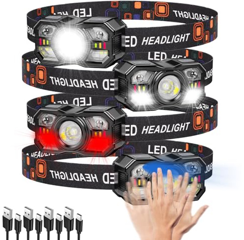 KunHe Lot de 4 Lampes Frontales Rechargeables, Mains Libres avec Détecteur de Mouvement, 1800mAh, 10 Modes, Inclinable 60°, Légère pour Running, Course à Pied, Camping, Pêche