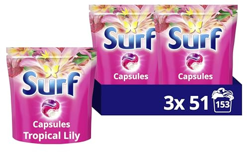 Surf 3 in 1 Tropical Lily Laundry Washing Detergent Capsules joy-infused fragrance with natural essential oils lasting up to 12 hours in wear for brilliantly clean results 153 washes (3x 51)