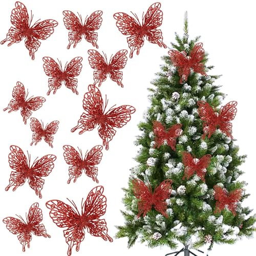 Red Christmas Tree Butterfly Ornaments Glitter Butterfly Decorations Artificial Butterflies with Clip & Stem for Xmas Party Wreath Garland Decor - 12-Pack 5inch 3D Hollow Butterflies