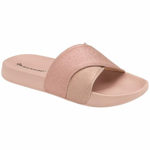 Dunlop Women Flip Flops Sandals – Comfy Toe Post T-Bar Sliders, Casual Flat Shoe Summer Holiday Beach Pool Slipper Open Back Mules - Rose Gold Shimmer Straps UK 5