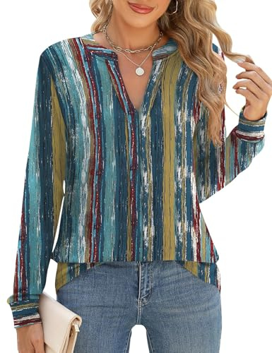 Cuptacc Camisas Mujer Manga Larga Elegante con Pliegues Y Flores Blusa Mujer Otoño Casual Camisetas Túnica Rojo Verde Raya, Small S 36