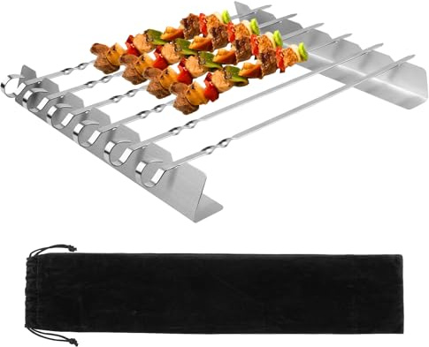 Set de 8 brochettes en acier inoxydable pour barbecue - 6 brochettes de 42cm de long & support | Brochettes pour grill à schaschlik | Brochettes de viande schaschlik
