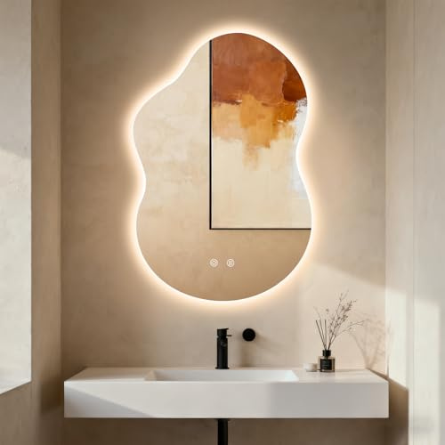 Clevich Miroir de Salle de Bain avec éclairage asymétrique 90 x 60 cm, Miroir LED avec 3 Couleurs de lumière à intensité Variable, Verre trempé, Interrupteur Tactile, Fonction mémoire, Anti-buée