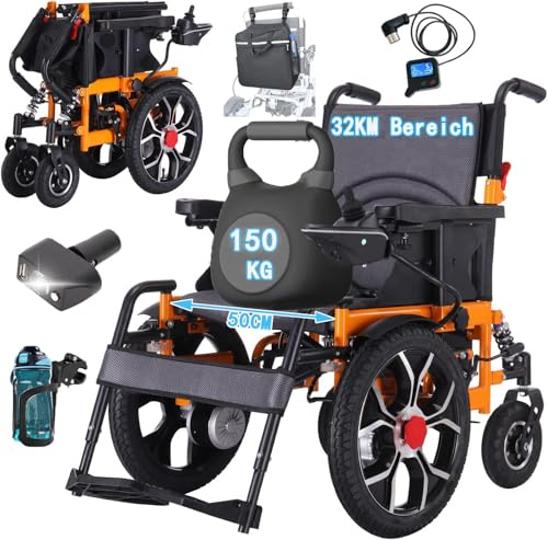 Silla de ruedas eléctrica de 40 cm con rueda delantera grande para adultos, 50 cm de ancho de asiento para todo terreno, silla de ruedas motorizada plegable de 500 W, 150 kg, control trasero incluido