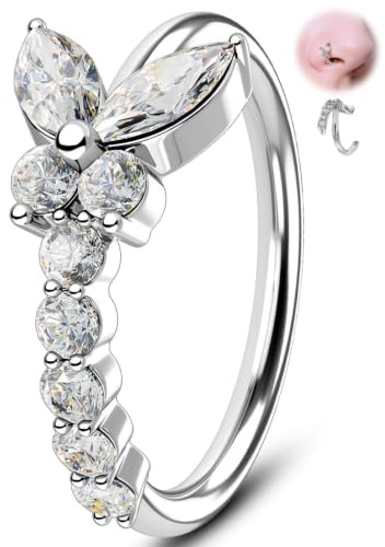 Ticome 20G Nose Ring Hoop 8 mm Open Seamless Nose Piercing Jewelry | Butterfly Silver Plated Brass Twist Nostril Ring with Marquise and Round CZ, Silver Body Piercing for Women