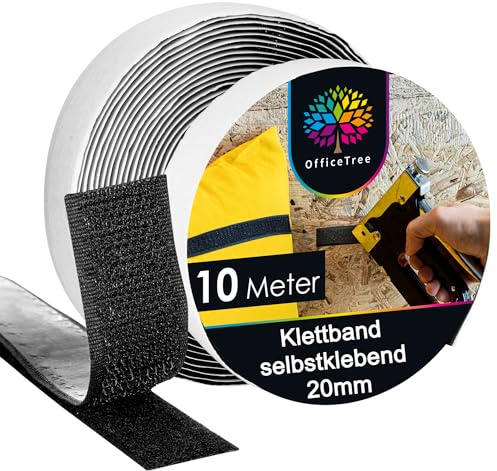 OfficeTree 10m x 20mm Klettband Selbstklebend Extra Stark - Schwarz - Doppelseitiges Klettband Extra Stark - Selbstklebende Klettbänder - Klettverschluss Selbstklebend für Fenster & Teppich