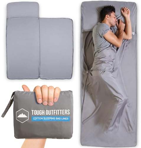 Tough Outdoors Sleeping Bag Liner - Travel Essentials for Backpacking Bug Out Bag Camping Hotel & Hostel - Lightweight Single Camping Bed Sheets with Pillow Pocket - 100% Cotton