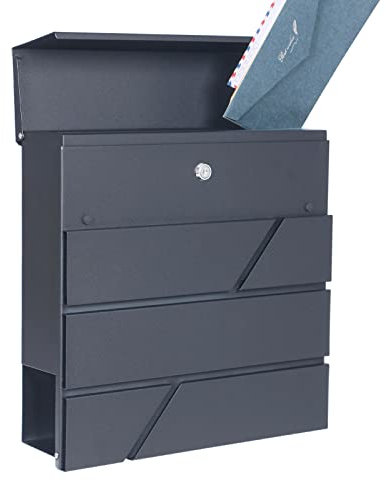 DWD® Postbox, Sleek Modern Wall-Mounted Lockable Large Post Letter Box, Clean Lines, Lift up Flap, Easy to Install, Trendy Anthracite Grey with Newspaper Slot, Weather Resistant Concealed post slot