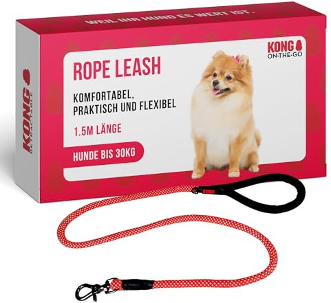 KONG Laisse pour chien de 1,5 m de long pour chiens de taille moyenne jusqu'à 30 kg, taille M, laisse de course avec dragonne renforcée, laisse en corde de qualité supérieure en rouge, laisse robuste