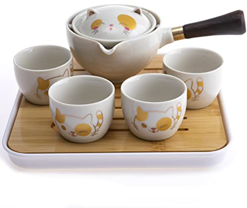 lachineuse - Set da tè giapponese a forma di gatto kawaii - con teiera, 4 tazze di porcellana, vassoio, borsa per il trasporto - Idea regalo a forma di gatto giapponese - Stoviglie asiatiche