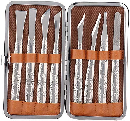 Watris Veiyi Juego de 8 cuchillos de pedicura para afeitar, juego de cuchillos de pedicura, kit de eliminación de piel muerta de acero inoxidable, lima de pies, callos y uñas para mujeres y hombres