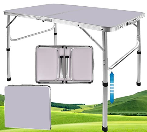 Tavoli da picnic pieghevoli da 90 cm, in alluminio, portatile, per campeggio, picnic, sala da pranzo, tavolo pieghevole per esterni, 2 ingranaggi regolabili in altezza, 90 x 60 x 30/67 cm, bianco