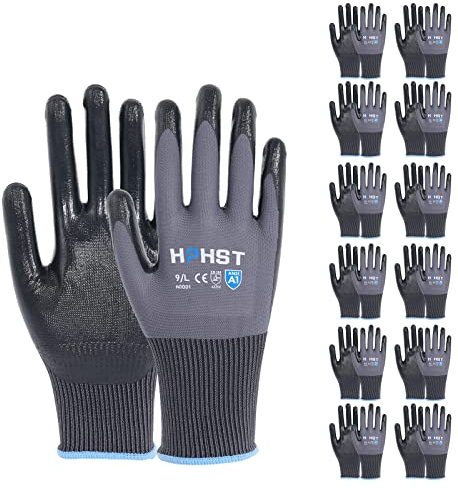 HPHST Work Gloves, 12 Pairs Work Gloves Men Women with Nitrile Coating Gardening Gloves Touchscreen Work Gloves Protective Gloves for Assembly Work (Grey, XX-Large)