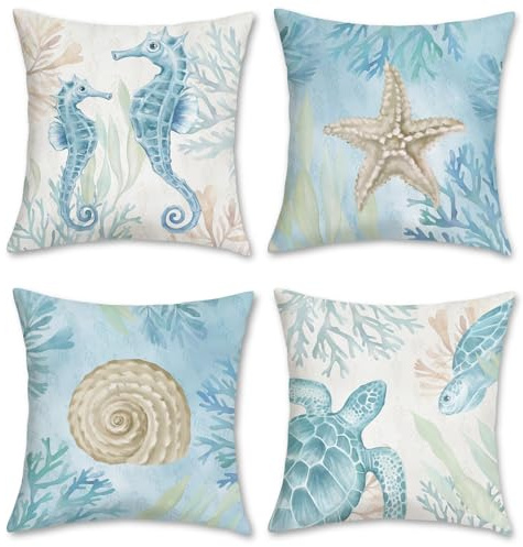 Bonhause Fundas de Cojín Océano Playa 45 x 45 cm Funda de Almohada Caballito de Mar Tortuga Estrella de Mar Costero Exterior Terciopelo Suave Cojines Decorativos para Sofá Cama Hogar Juego de 4
