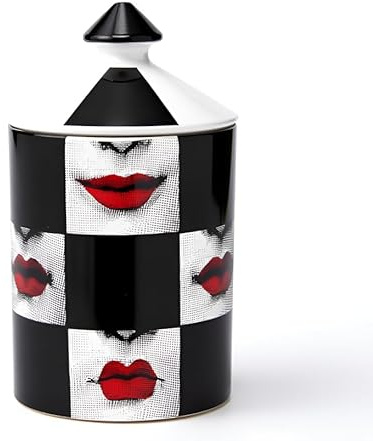 AlphaDesignLuxe Decorative Candle Holder Handcrafted Aromatherapy Candle Jar Italian Designer Décor Fashionable Tabletop Vase Modern Art Female Face Eyes Lips Centerpiece. (Red Lips Black Squares)