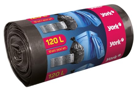 York Sacchi della spazzatura, 120 l, 10 pezzi, sacchetti per la spazzatura, pesanti, extra resistenti, colore nero