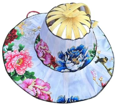 Wisafory Chapeau de soleil pliable 2 en 1 - Éventail - Chapeau de plage - Chapeau de plage - Chapeau de protection solaire avec motif floral - En bambou - Pour le camping, les voyages, la plage, -,
