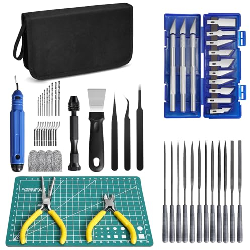 3D Druck Werkzeug Set, 58 PCS Modellbau Werkzeug kit mit Schnitzmessern, Feilen, Nadelzange, Tweezers, Schaufel, 3D Drucker Zubehör zum Entfernen, Glätten, Finishing, Entgraten, Gravieren, Bohren