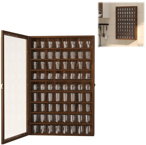 tonchean Vitrina de vidrio de chupito de gran capacidad para 72 vasos de chupito, montaje en pared, armario de exhibición de vidrio con puerta acrílica con cerradura y fundas extraíbles, 26.8 x 17.5 x