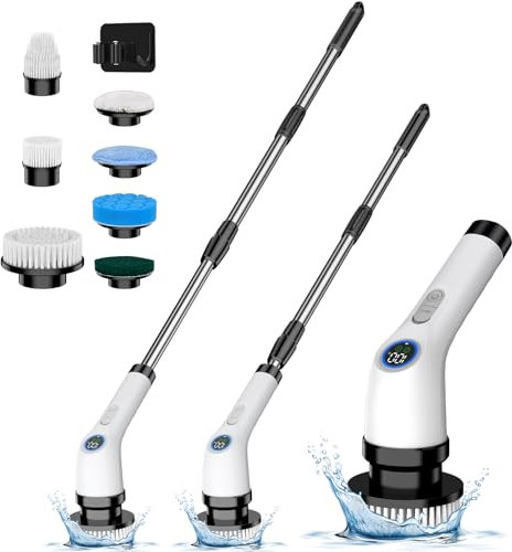 Cepillo Electrico Limpieza Hogar, Apkezel Cepillo de Limpieza Electrico con Mango Ajustable, Fregadora Giratoria Eléctrica con 7 Cabezales de Cepillo de Repuesto para Baño, Suelo de Baldosas y Coche