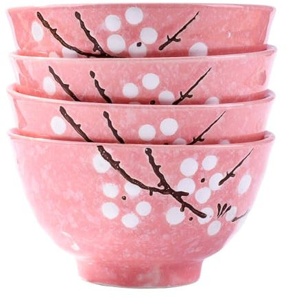 Fignner Lot de 4 bols à riz en céramique de style japonais Motif fleurs de cerisier Rose
