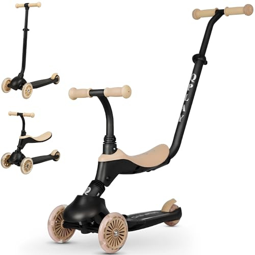 Qplay SEMA Monopattino 3 in 1 per bambini, con luci a LED, pistole e monopattino evolutivo, modalità push genitoriale, manubrio regolabile, ruote in gomma senza foratura, freno posteriore, 36-72 mesi
