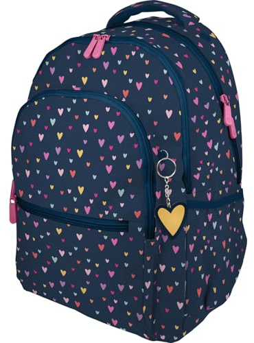 Grafoplás Tre fack skolryggsäck, 33 x 46 x 22,5 cm, 30 liter, vadderat område för bärbar dator, modell rum, hjärtan design, bitar och bobbar pop-up design, perfekt för skolmaterial, Blå, L, skola
