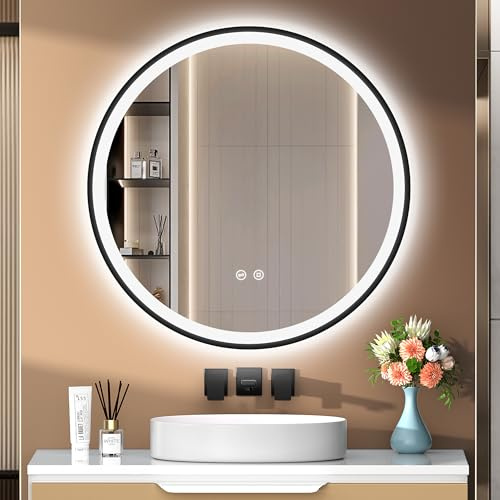 PESENXAN Miroir de 60 cm Noir avec Éclairage – Réglable, 3 Couleurs, Fonction Mémoire, IP44 Étanche, Miroir de Salle de Bain Noir avec Lumière LED, Cadre en Aluminium pour Salle de Bain