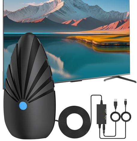 Antenna TV Interna DVB-T/DVB-T2 con Amplificatore (Portata 620+ Km), Antenna Digitale 2025 per 4K 1080p & Tutti i TV, Cavo Coassiale da 10m