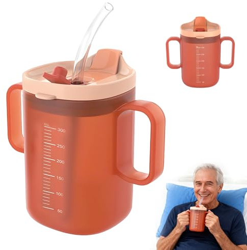 Weciau Gobelet à Bec pour Personnes Âgées, 300 Ml Gobelet à Eau Personnes Âgées, Tasse à Bec Adulte avec Couvercle, Paille et Double Anse, gobelet à bec Anti Fuite Adulte pour Sonnesâgées