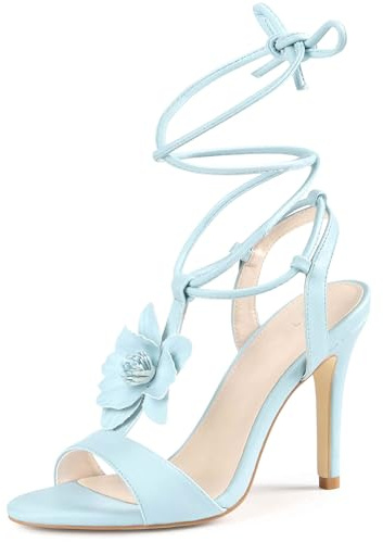 Perphy Flower T-Strap Lace Up Stiletto High Heel Sky Blue Sandals for Women 9 M US