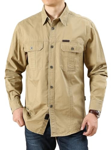 Camisas de Trabajo de Algodón para Hombre, Camisa de Militar de Manga Larga con Botones Ropa Cargo, 2 Bolsillos, Regular Fit para Pesca, Tala, Senderismo, Caza，Caqui，M