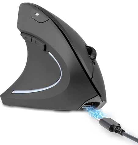 Perixx PERIMICE-713LR - Mouse verticale senza fili ricaricabile per mancini - Doppia funzione di ricarica (cavo e wireless) - 6 pulsanti - Design per mancini