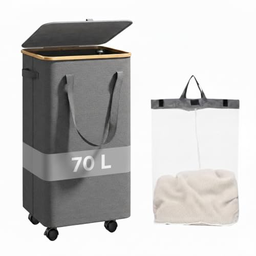 Cesto per Biancheria Sporco con Ruote e Coperchio 70L, Grande Cesto per Bucato Pieghevole con Sacco Interno Rimovibile e Maniglie, Ideale per Bagno, Camera e Lavanderia