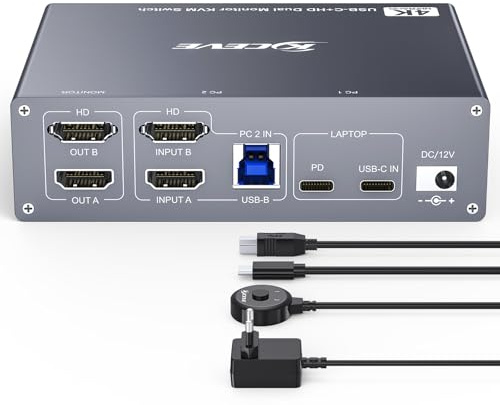 YOUTINGHDAV KVM-switch 2 bildskärmar för 1 bärbar dator 1 stationär dator, USB 3.0 KVM-omkopplare 2 PC 2 bildskärm USB C, 4K @ 60 Hz, MST, PD 100 W, aluminium, trådlös fjärrkontroll (4K USB C, HDMI 2