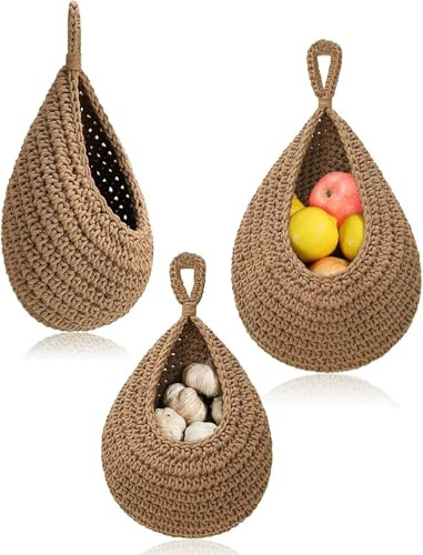 Hanging Fruit Basket Set 3pcs, Hanging Storage Baskets | Teardrop Hanging Storage Basket, Wall Hanging Basket, Hanging Storage Basket for Kitchen Porch Storage Tomato