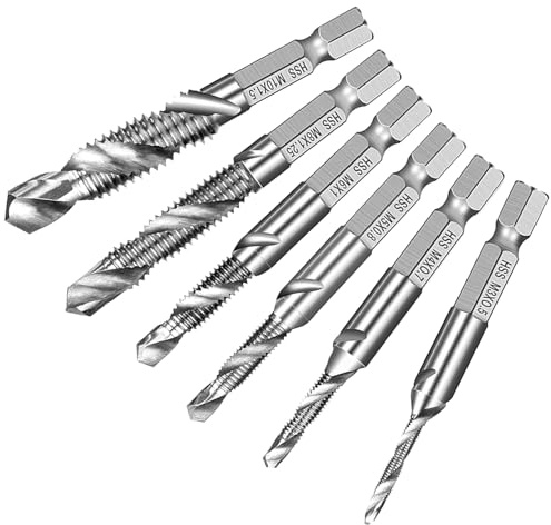 Esshogo 6 stycken kombi gängskärare bit M3 M4 M5 M6 M8 M10, manuell gängtapp set, gängtapp med sexkantskaft, för metall trä borr plast