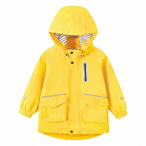 Volunboy Kids Waterproof Rain Jacket, Lightweight Windproof Hooded Raincoat, Detachable Hat, Reflective Stripes, Girls & Boys 2-6Y