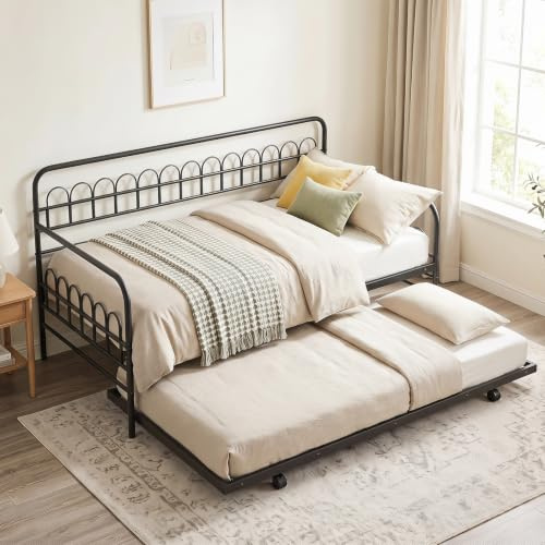 COSTWAY Metal Day Bed with Trundle, Single Bed Frame with Headboard