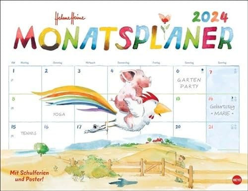 Helme Heine Monatsplaner 2024. Liebevoll illustrierter Wandkalender von Helme Heine mit den drei Freunden. Termin-Kalender 2024 zum Eintragen. 44 x 34 cm. Querformat. (Helme Heine Kalender)