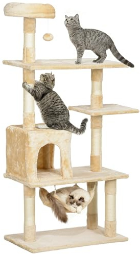 PawHut Árbol Rascador para Gatos con Múltiples Plataformas Juguete Colgante Cueva Espaciosa Hamaca Suave Postes Rascadores para Gatos Dormir y Jugar 70x40x152 cm Beige