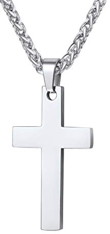 PROSTEEL Personalizado Colgante Cruz Plata Collar Hombre Acero Inoxidable Plateado Colgantes Cruz Grande Cadena Trigo Espiga Eslabones 55cm+5cm Joyas Hombres Mujeres Sencillo Religioso
