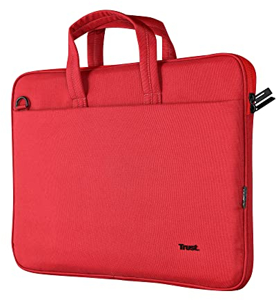 Trust Bologna Slim Laptop Eco Tasche bis 16 Zoll aus Recyceltem Kunststoff, mit Schultergurt, Nachhaltige Umhängetasche für Reisen, Business, Büro, Schule - Rot