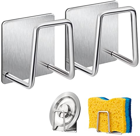Damita Soporte para Estropajos - Gancho para Estropajos de Acero Inoxidable 304, Autoadhesivo - Accesorios para el Fregadero - Gancho Adhesivo, Organización en la Cocina (Pack de 2, Plata)