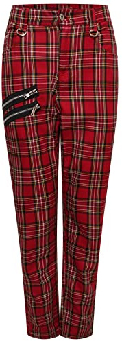Ro Rox Unisex Tartan Trousers Regular Fit Plaid Check Pants, Emo Punk Clothing Gothic Clothes for Men and Women Red