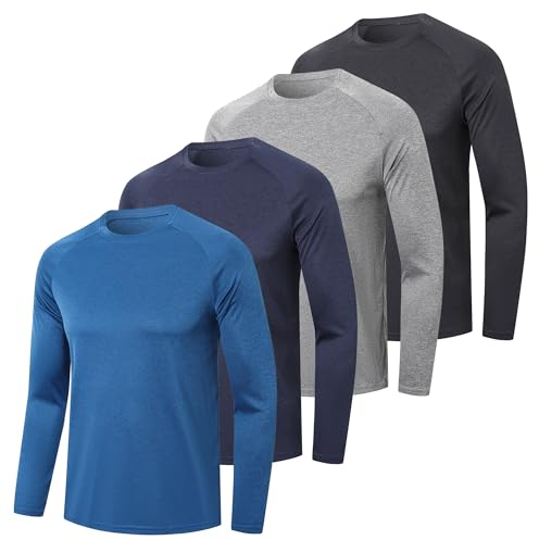 ZENGVEE 4/5 Pack Men's Long Sleeve T-Shirt Quick Dry Running Sport Gym T Shirts Outdoor Active Athletic Performance Crew Long Sleeve Top,1610-Black Gray Navy Blue-L