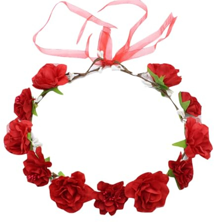JIHUOO Diadema de flores ajustable para novia, corona floral bohemia, guirnalda de flores para el cabello, diadema floral de verano, corona de pelo con cinta para mujeres y niñas, color rojo