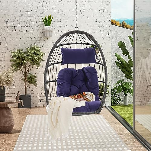 Finca ancha Rattan Egg Chair Hanging Lounger with Stand Indoor Outdoor - Swinging Chair, Indoor Hammock, Amacas para Patios para Adultos for Patio, Backyard, Living Room (Dark Blue)